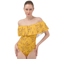 Mustard Yellow Monarch Butterflies Off Shoulder Velour Bodysuit  by SpinnyChairDesigns