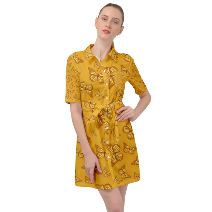 Mustard Yellow Monarch Butterflies Belted Shirt Dress