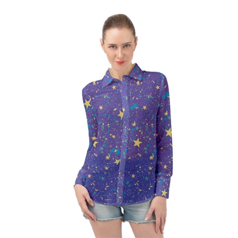 Starry Night Purple Long Sleeve Chiffon Shirt by SpinnyChairDesigns