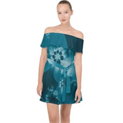 Teal Floral Print Off Shoulder Chiffon Dress by SpinnyChairDesigns