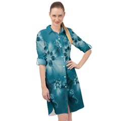 Teal Floral Print Long Sleeve Mini Shirt Dress by SpinnyChairDesigns