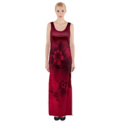 Scarlet Red Floral Print Thigh Split Maxi Dress by SpinnyChairDesigns