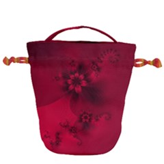 Scarlet Red Floral Print Drawstring Bucket Bag by SpinnyChairDesigns