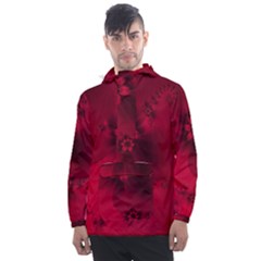 Scarlet Red Floral Print Men s Front Pocket Pullover Windbreaker by SpinnyChairDesigns