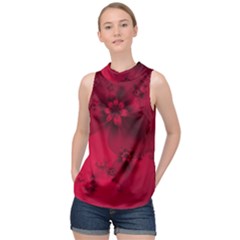 Scarlet Red Floral Print High Neck Satin Top by SpinnyChairDesigns