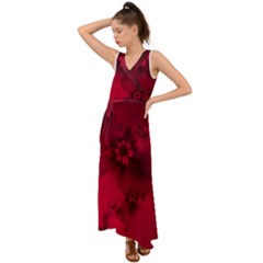 Scarlet Red Floral Print V-neck Chiffon Maxi Dress by SpinnyChairDesigns