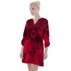 Scarlet Red Floral Print Open Neck Shift Dress by SpinnyChairDesigns