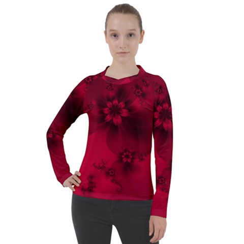 Scarlet Red Floral Print Women s Pique Long Sleeve Tee by SpinnyChairDesigns