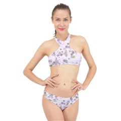 Purple Wildflower Print High Neck Bikini Set by SpinnyChairDesigns