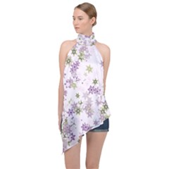 Purple Wildflower Print Halter Asymmetric Satin Top by SpinnyChairDesigns