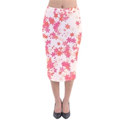 Vermilion and Coral Floral Print Velvet Midi Pencil Skirt