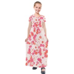 Vermilion and Coral Floral Print Kids  Short Sleeve Maxi Dress