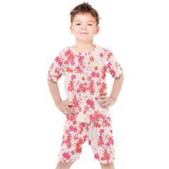 Vermilion And Coral Floral Print Kids  Tee And Shorts Set by SpinnyChairDesigns