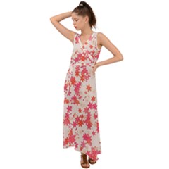 Vermilion And Coral Floral Print V-neck Chiffon Maxi Dress by SpinnyChairDesigns