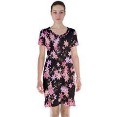 Pink Lilies on Black Short Sleeve Nightdress