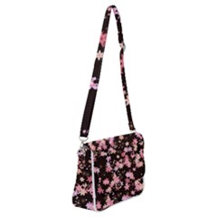 Pink Lilies on Black Shoulder Bag with Back Zipper