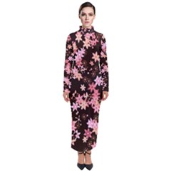 Pink Lilies on Black Turtleneck Maxi Dress