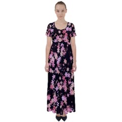 Pink Lilies on Black High Waist Short Sleeve Maxi Dress