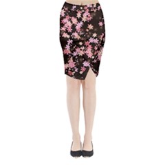Pink Lilies on Black Midi Wrap Pencil Skirt