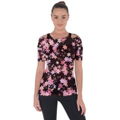 Pink Lilies on Black Shoulder Cut Out Short Sleeve Top