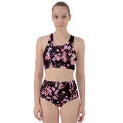 Pink Lilies on Black Racer Back Bikini Set