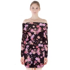 Pink Lilies On Black Long Sleeve Off Shoulder Dress by SpinnyChairDesigns