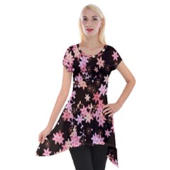 Pink Lilies On Black Short Sleeve Side Drop Tunic by SpinnyChairDesigns