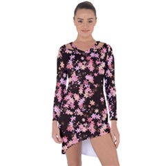 Pink Lilies on Black Asymmetric Cut-Out Shift Dress