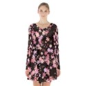 Pink Lilies on Black Long Sleeve Velvet V-neck Dress View1