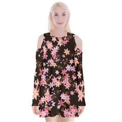 Pink Lilies on Black Velvet Long Sleeve Shoulder Cutout Dress