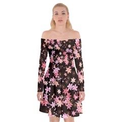 Pink Lilies on Black Off Shoulder Skater Dress