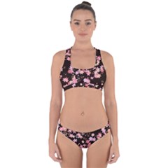 Pink Lilies On Black Cross Back Hipster Bikini Set by SpinnyChairDesigns