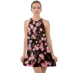 Pink Lilies on Black Halter Tie Back Chiffon Dress