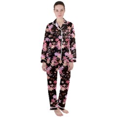 Pink Lilies on Black Satin Long Sleeve Pyjamas Set