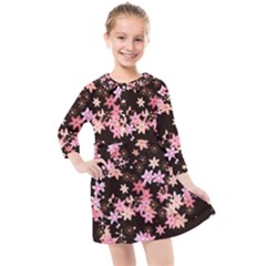 Pink Lilies on Black Kids  Quarter Sleeve Shirt Dress