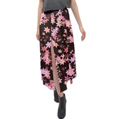 Pink Lilies on Black Velour Split Maxi Skirt