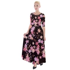 Pink Lilies on Black Half Sleeves Maxi Dress