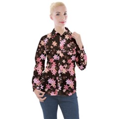 Pink Lilies on Black Women s Long Sleeve Pocket Shirt