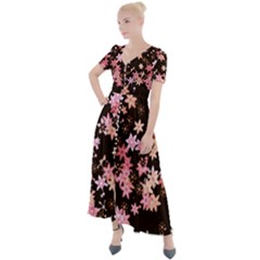 Pink Lilies On Black Button Up Short Sleeve Maxi Dress by SpinnyChairDesigns