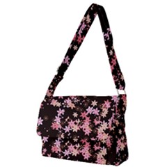 Pink Lilies on Black Full Print Messenger Bag (L)