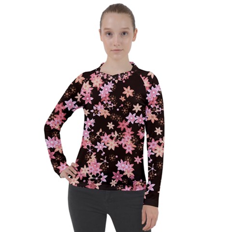 Pink Lilies On Black Women s Pique Long Sleeve Tee by SpinnyChairDesigns