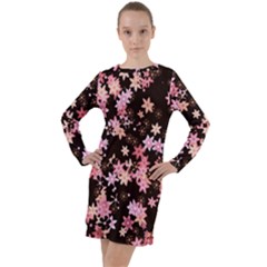 Pink Lilies On Black Long Sleeve Hoodie Dress by SpinnyChairDesigns