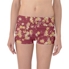 Gold And Tuscan Red Floral Print Reversible Boyleg Bikini Bottoms by SpinnyChairDesigns