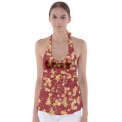 Gold And Tuscan Red Floral Print Babydoll Tankini Top by SpinnyChairDesigns