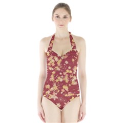 Gold And Tuscan Red Floral Print Halter Swimsuit by SpinnyChairDesigns