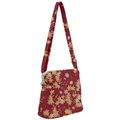 Gold And Tuscan Red Floral Print Zipper Messenger Bag by SpinnyChairDesigns
