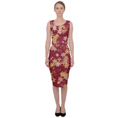 Gold And Tuscan Red Floral Print Sleeveless Pencil Dress by SpinnyChairDesigns