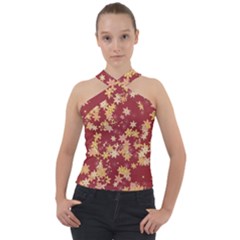 Gold And Tuscan Red Floral Print Cross Neck Velour Top