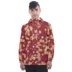 Gold And Tuscan Red Floral Print Men s Front Pocket Pullover Windbreaker by SpinnyChairDesigns