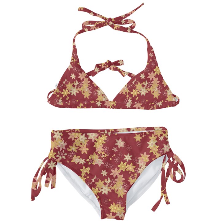 Gold and Tuscan Red Floral Print Kids  Classic Bikini Set